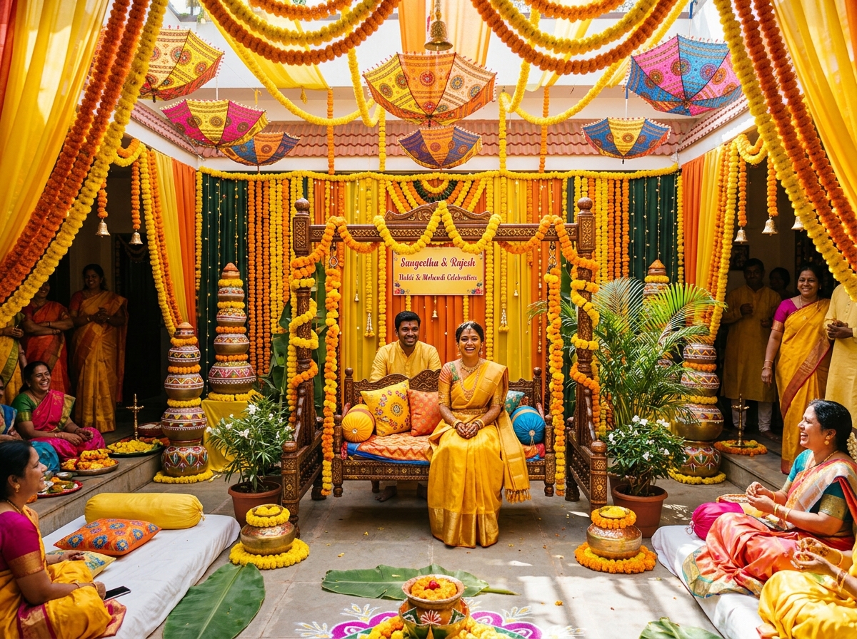 Haldi ceremony marigold backdrop and props Chennai
