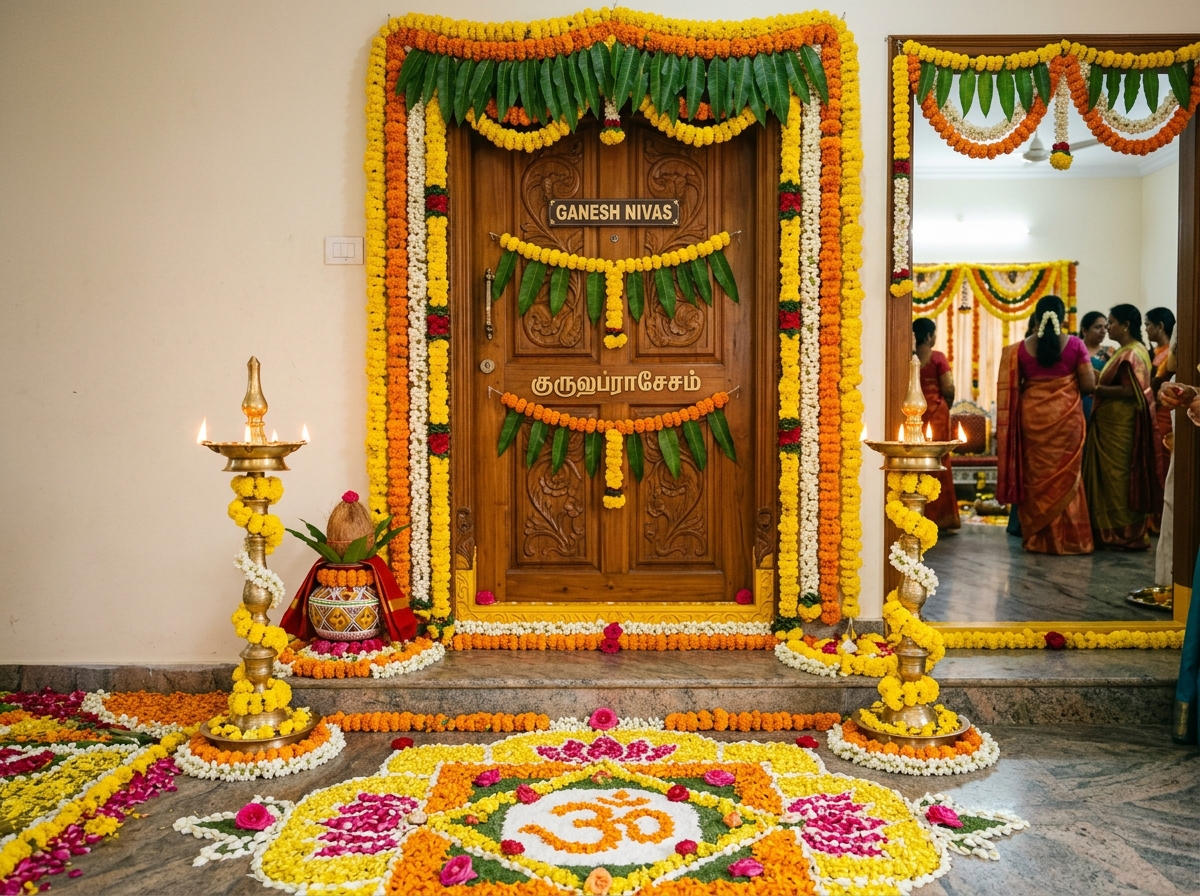 Gruhapravesam housewarming floral entrance Chennai