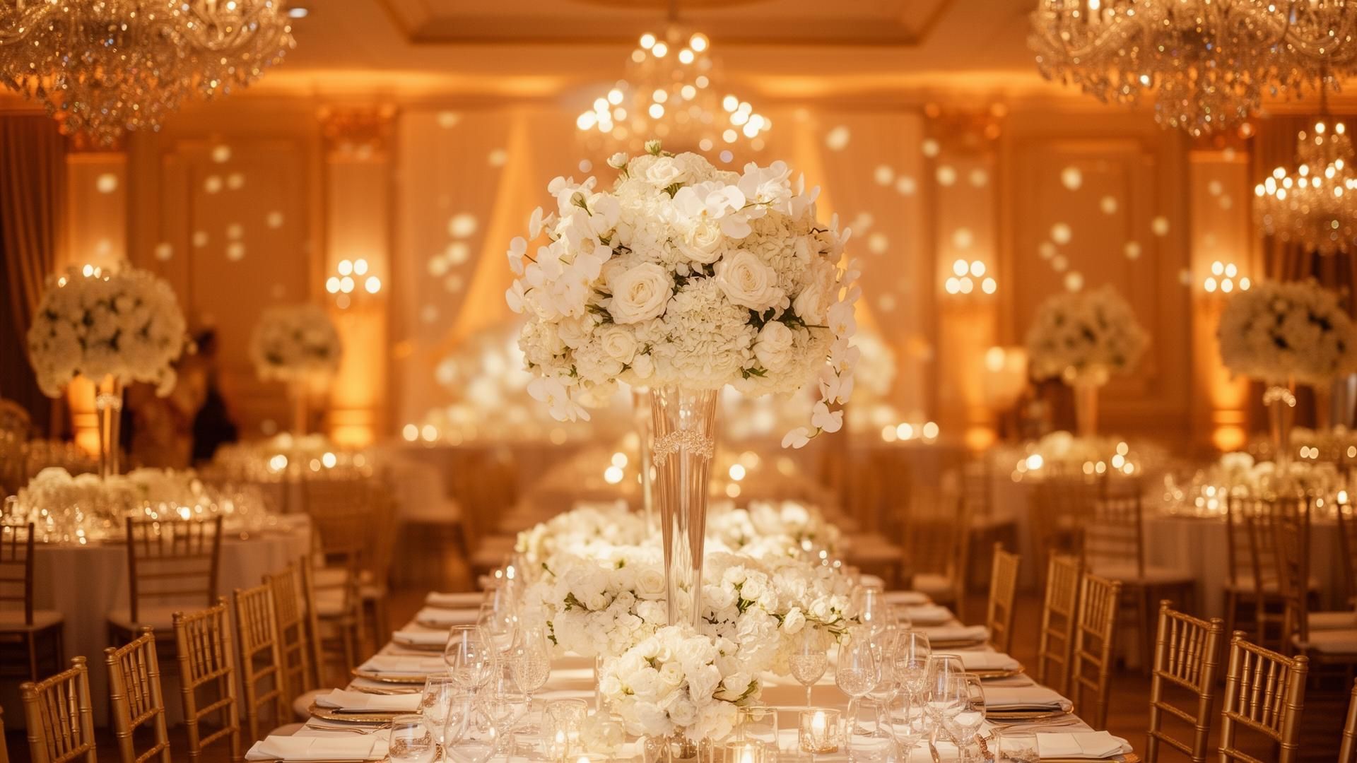 Luxury wedding reception with elegant floral centerpieces and golden lighting