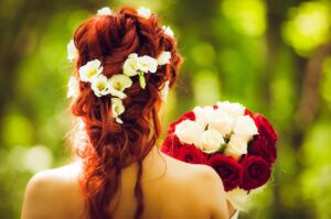 bride, wedding, redhead, red hair, flower background, floral wreath, hairstyle, flower wallpaper, flowers, beautiful flowers, marriage, decoration, nature, woman